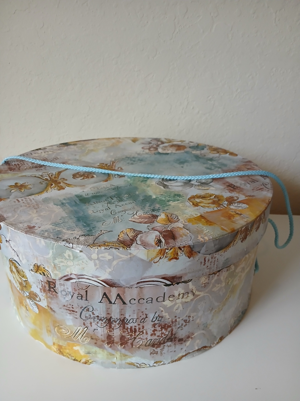 Decorative Floral Round Hat Box with Light Blue Cord